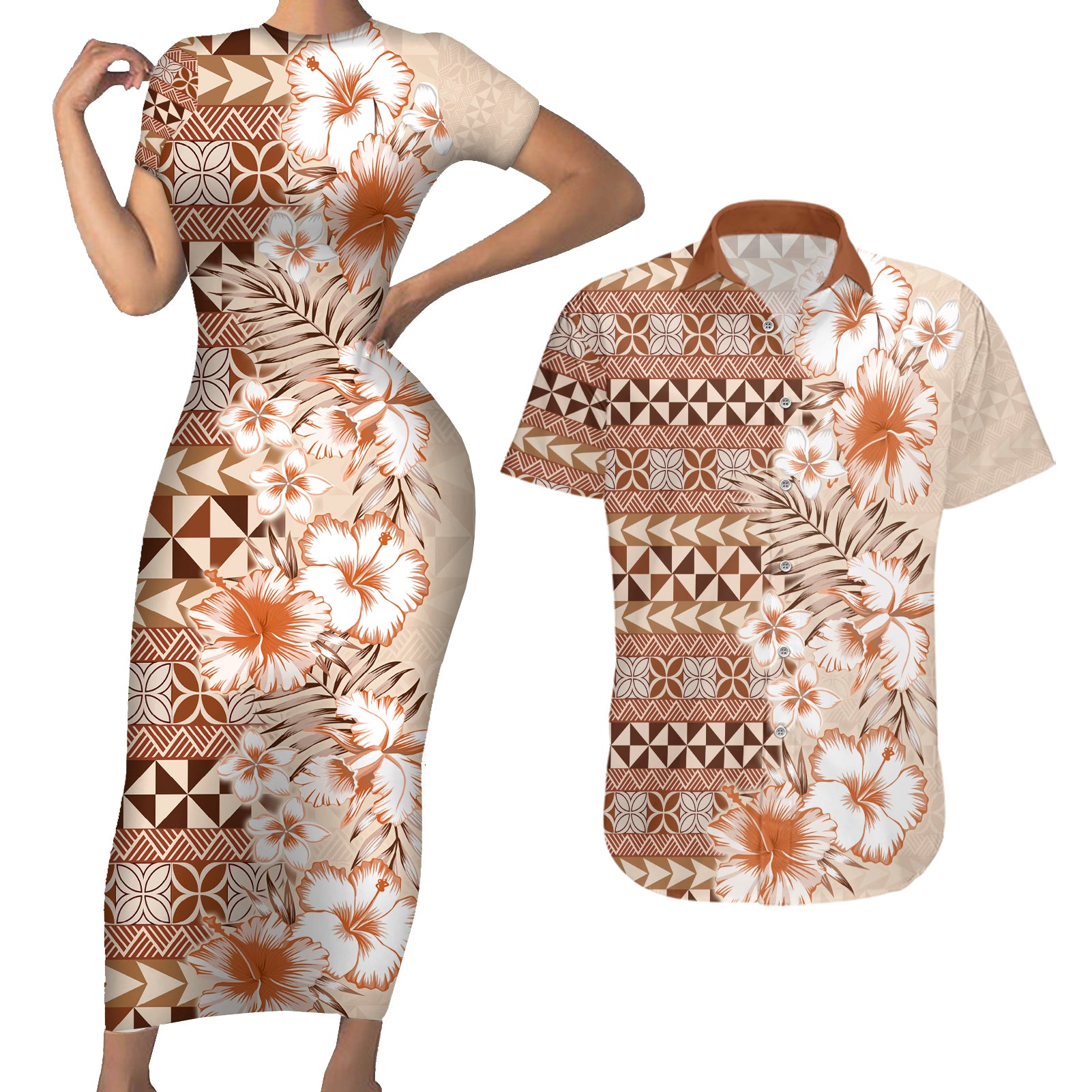 Pasifika Sataoa Pattern Plumeria Vintage Couples Matching Short Sleeve Bodycon Dress and Hawaiian Shirt Brown Beige Tan LT9 Brown - Polynesian Pride