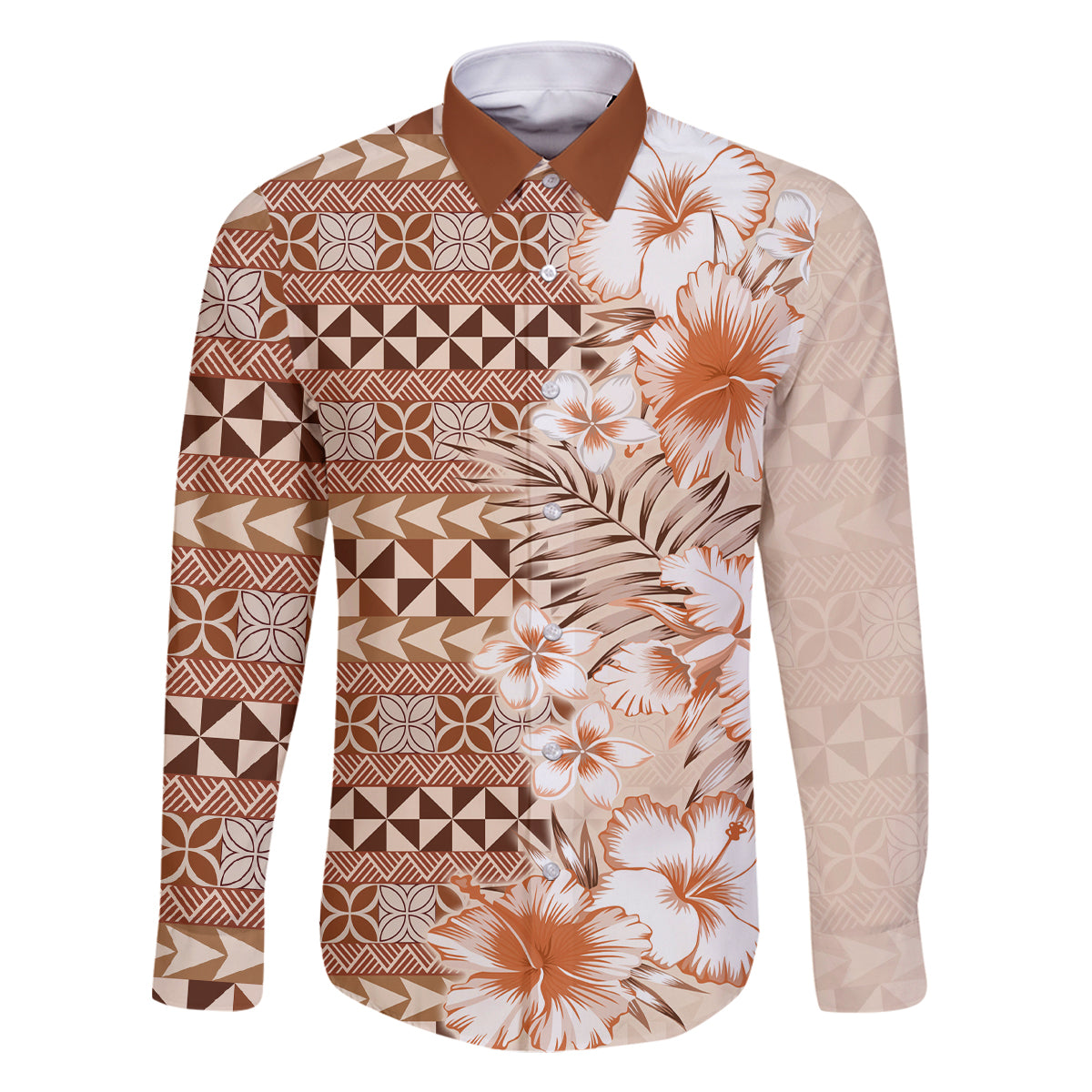 Pasifika Sataoa Pattern Plumeria Vintage Family Matching Off Shoulder Short Dress and Hawaiian Shirt Brown Beige Tan LT9 Dad's Shirt - Long Sleeve Brown - Polynesian Pride