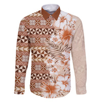 Pasifika Sataoa Pattern Plumeria Vintage Family Matching Tank Maxi Dress and Hawaiian Shirt Brown Beige Tan LT9 Dad's Shirt - Long Sleeve Brown - Polynesian Pride