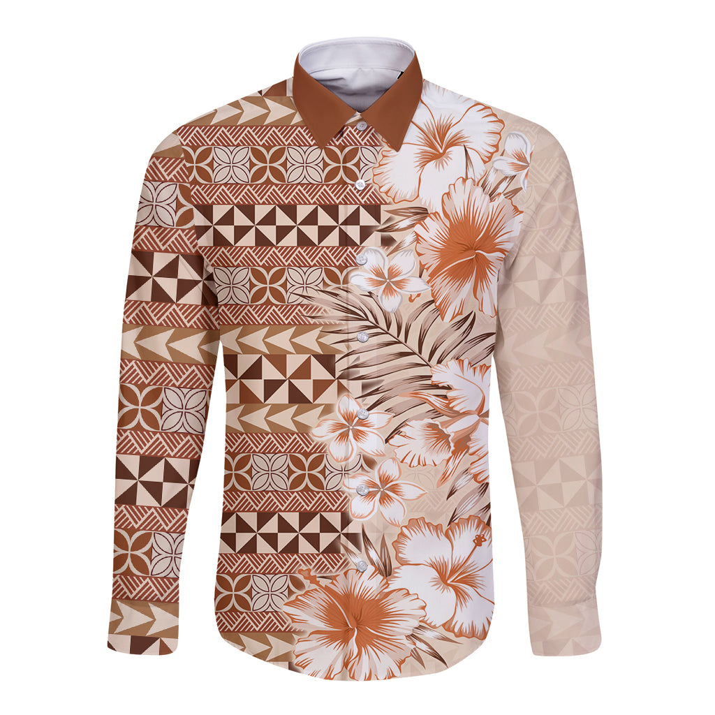 Pasifika Sataoa Pattern Plumeria Vintage Long Sleeve Button Shirt Brown Beige Tan LT9 Unisex Brown - Polynesian Pride