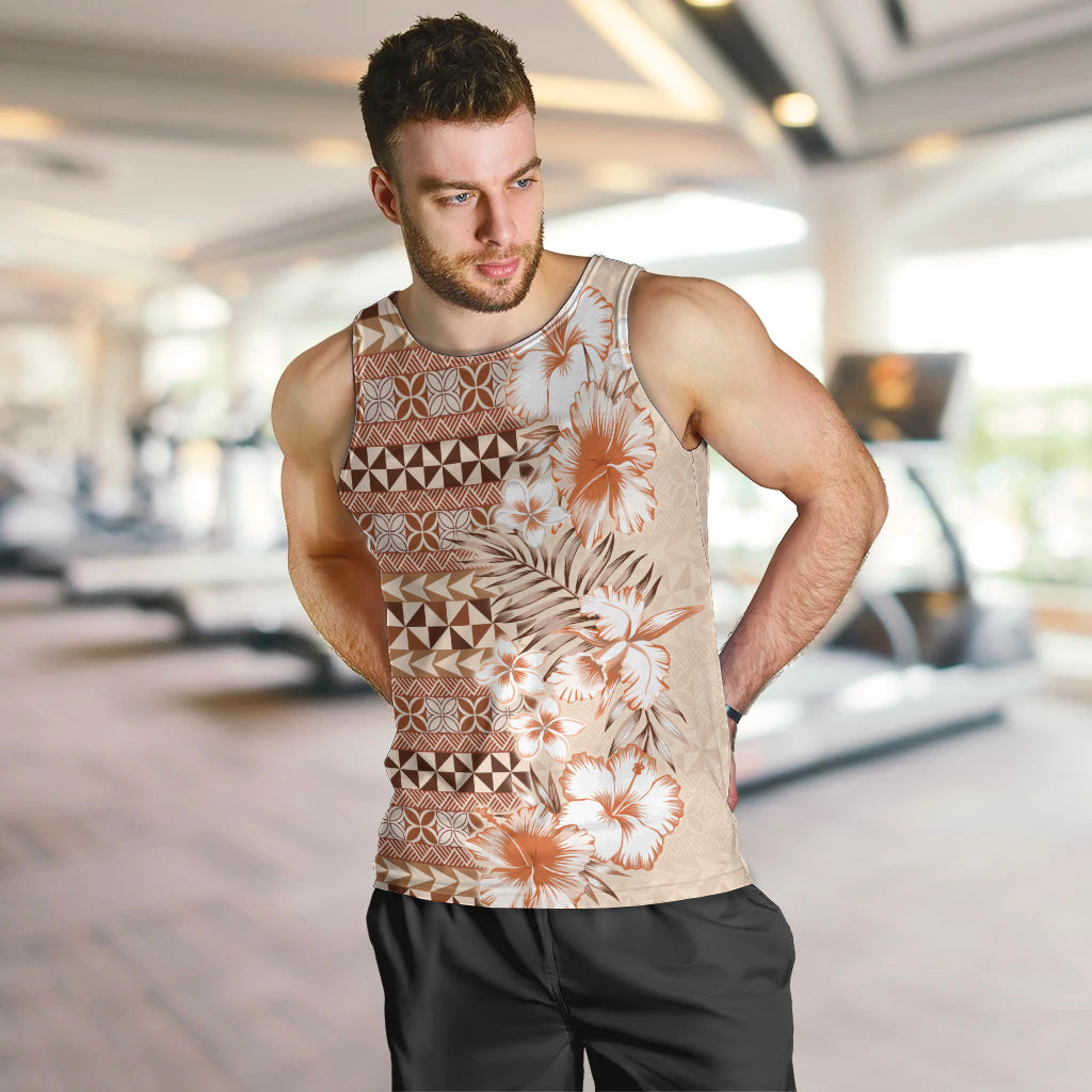 Pasifika Sataoa Pattern Plumeria Vintage Men Tank Top Brown Beige Tan LT9 Brown - Polynesian Pride