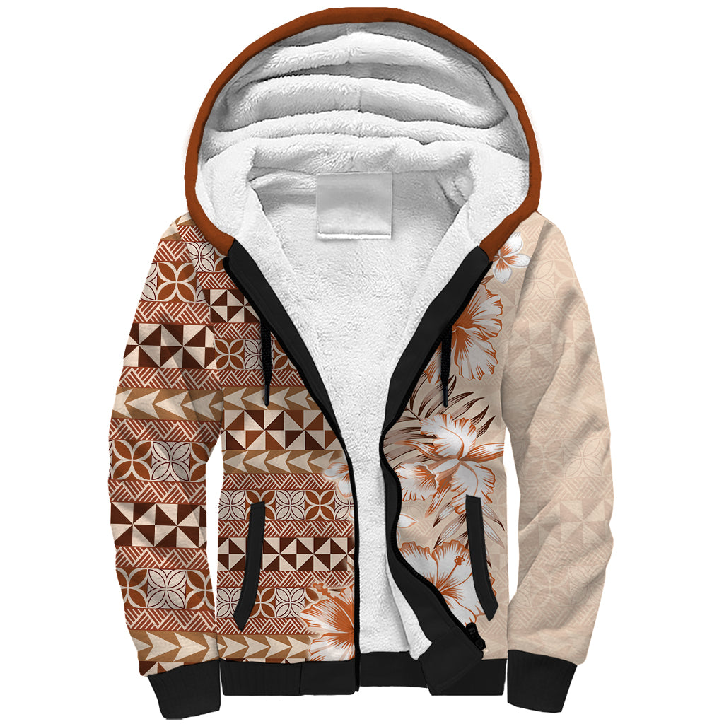 Pasifika Sataoa Pattern Plumeria Vintage Sherpa Hoodie Brown Beige Tan LT9 Unisex Brown - Polynesian Pride