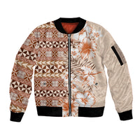 Pasifika Sataoa Pattern Plumeria Vintage Sleeve Zip Bomber Jacket Brown Beige Tan LT9 Unisex Brown - Polynesian Pride