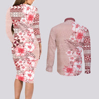 Pasifika Sataoa Pattern Plumeria Vintage Couples Matching Long Sleeve Bodycon Dress and Long Sleeve Button Shirt Cherry LT9 - Polynesian Pride