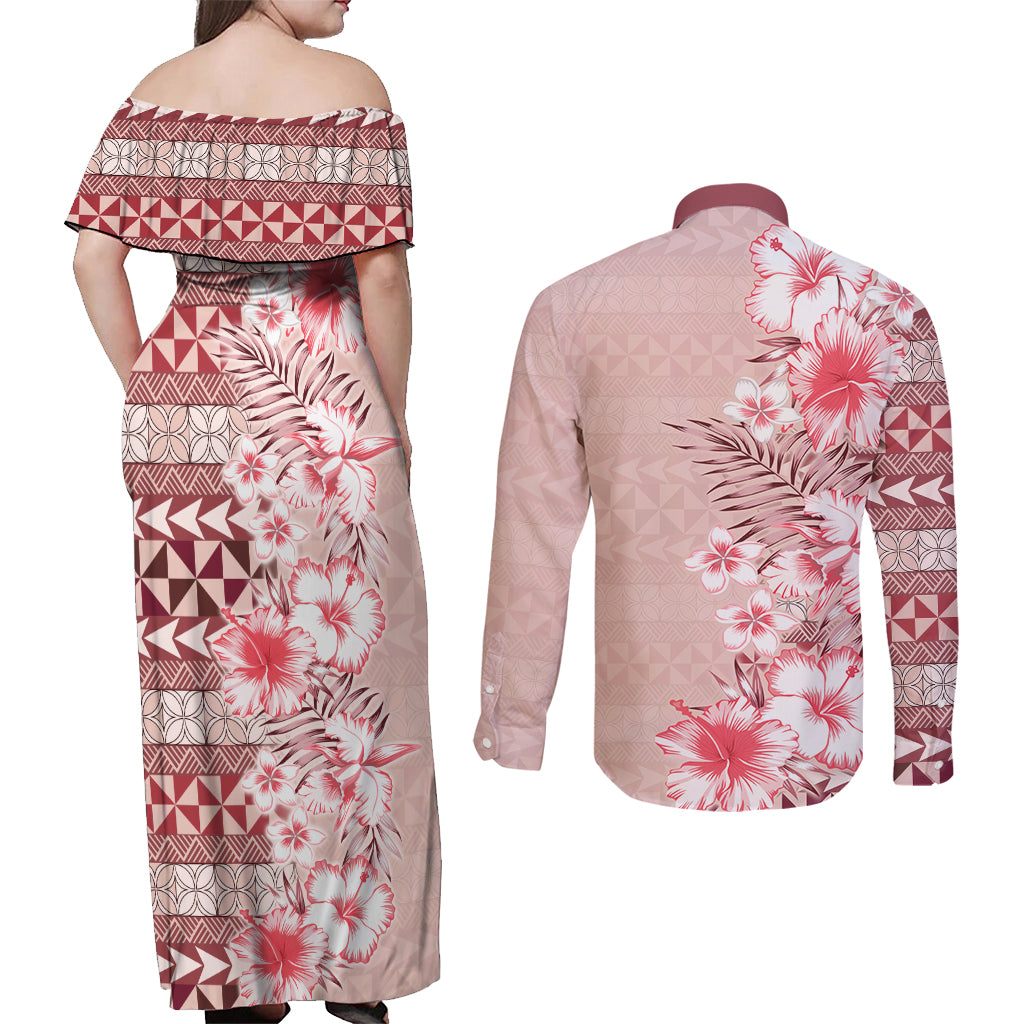 Pasifika Sataoa Pattern Plumeria Vintage Couples Matching Off Shoulder Maxi Dress and Long Sleeve Button Shirt Cherry LT9 - Polynesian Pride