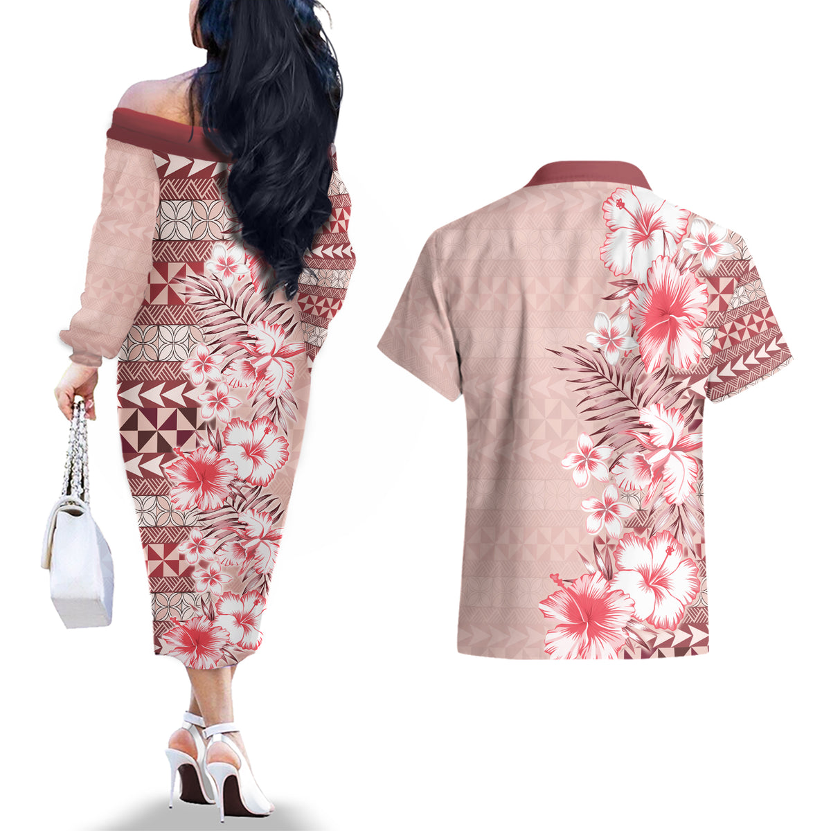 Pasifika Sataoa Pattern Plumeria Vintage Couples Matching Off The Shoulder Long Sleeve Dress and Hawaiian Shirt Cherry LT9 - Polynesian Pride