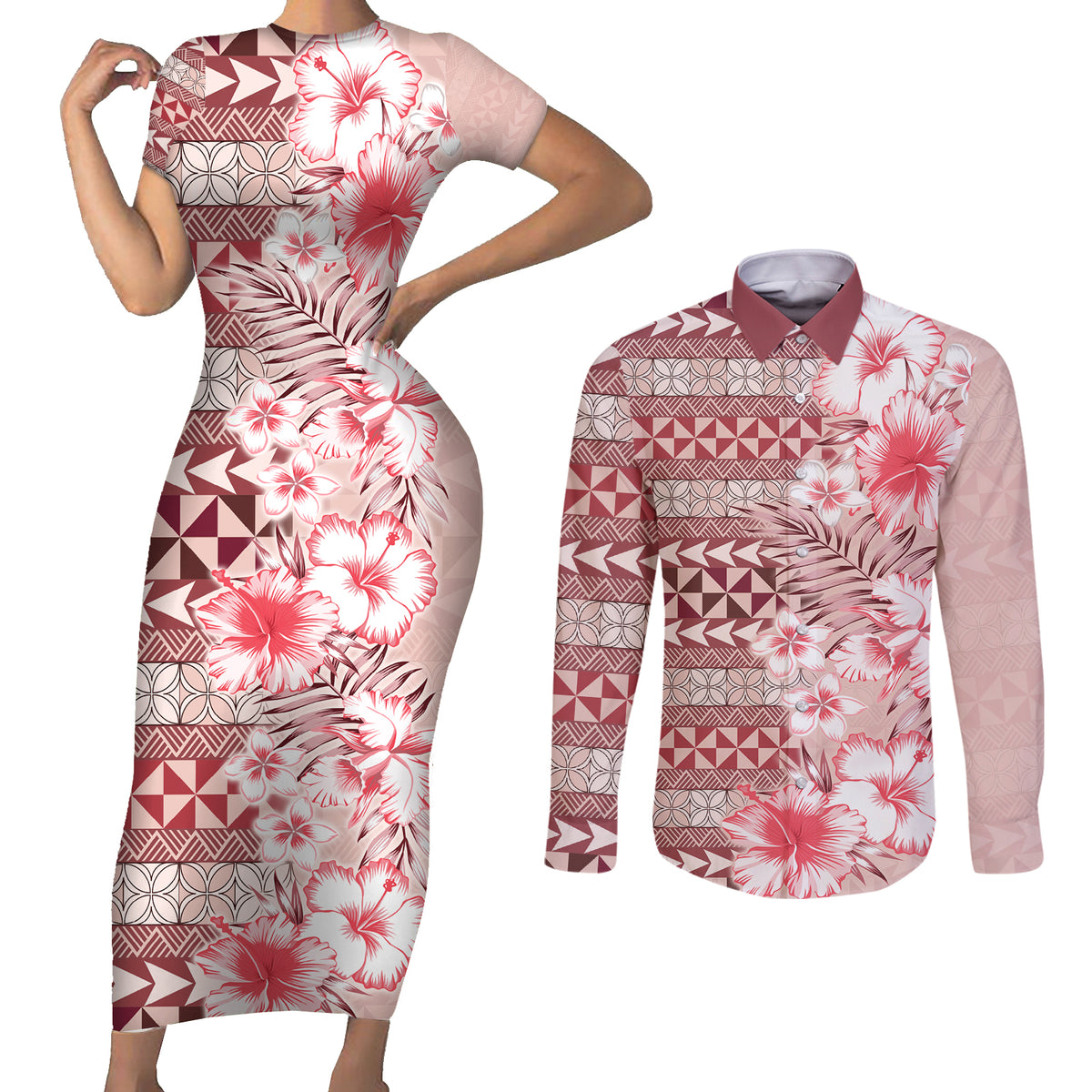 Pasifika Sataoa Pattern Plumeria Vintage Couples Matching Short Sleeve Bodycon Dress and Long Sleeve Button Shirt Cherry LT9 Cherry - Polynesian Pride