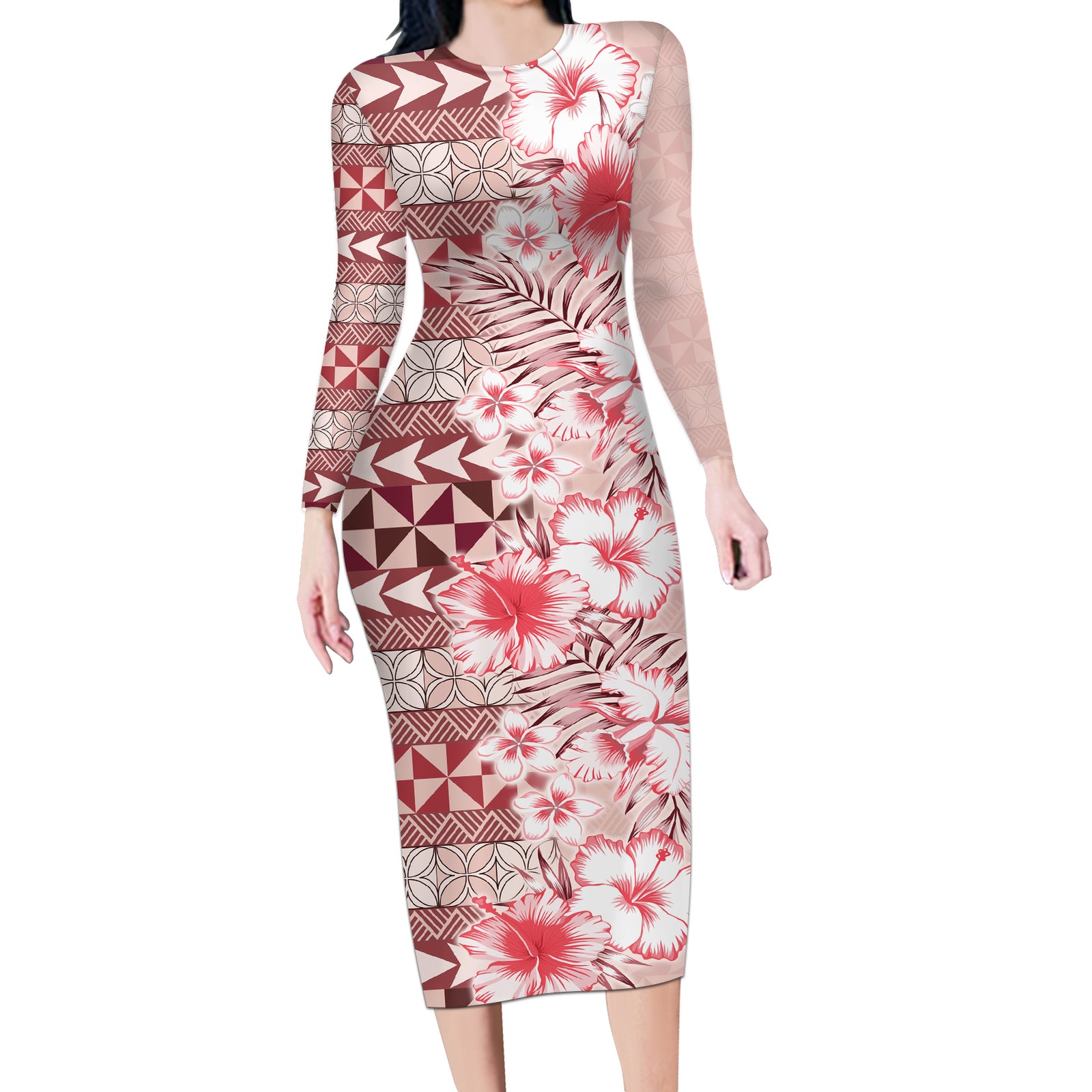 Pasifika Sataoa Pattern Plumeria Vintage Long Sleeve Bodycon Dress Cherry LT9 Long Dress Cherry - Polynesian Pride