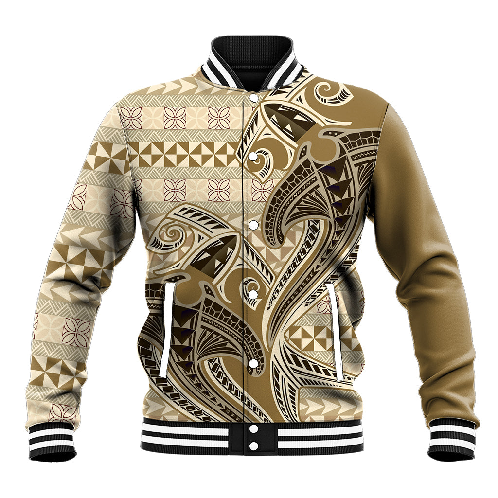 Vintage Hammerhead Shark Valentine Day Baseball Jacket Pasifika Sataoa Pattern - Beige Tan LT9 Unisex Beige Tan - Polynesian Pride