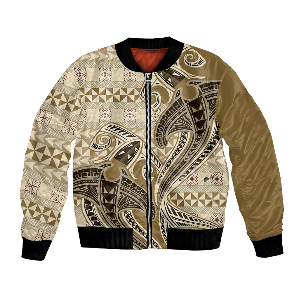 Vintage Hammerhead Shark Valentine Day Bomber Jacket Pasifika Sataoa Pattern - Beige Tan LT9 Unisex Beige Tan - Polynesian Pride