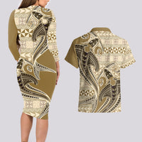 Vintage Hammerhead Shark Valentine Day Couples Matching Long Sleeve Bodycon Dress and Hawaiian Shirt Pasifika Sataoa Pattern - Beige Tan LT9 - Polynesian Pride