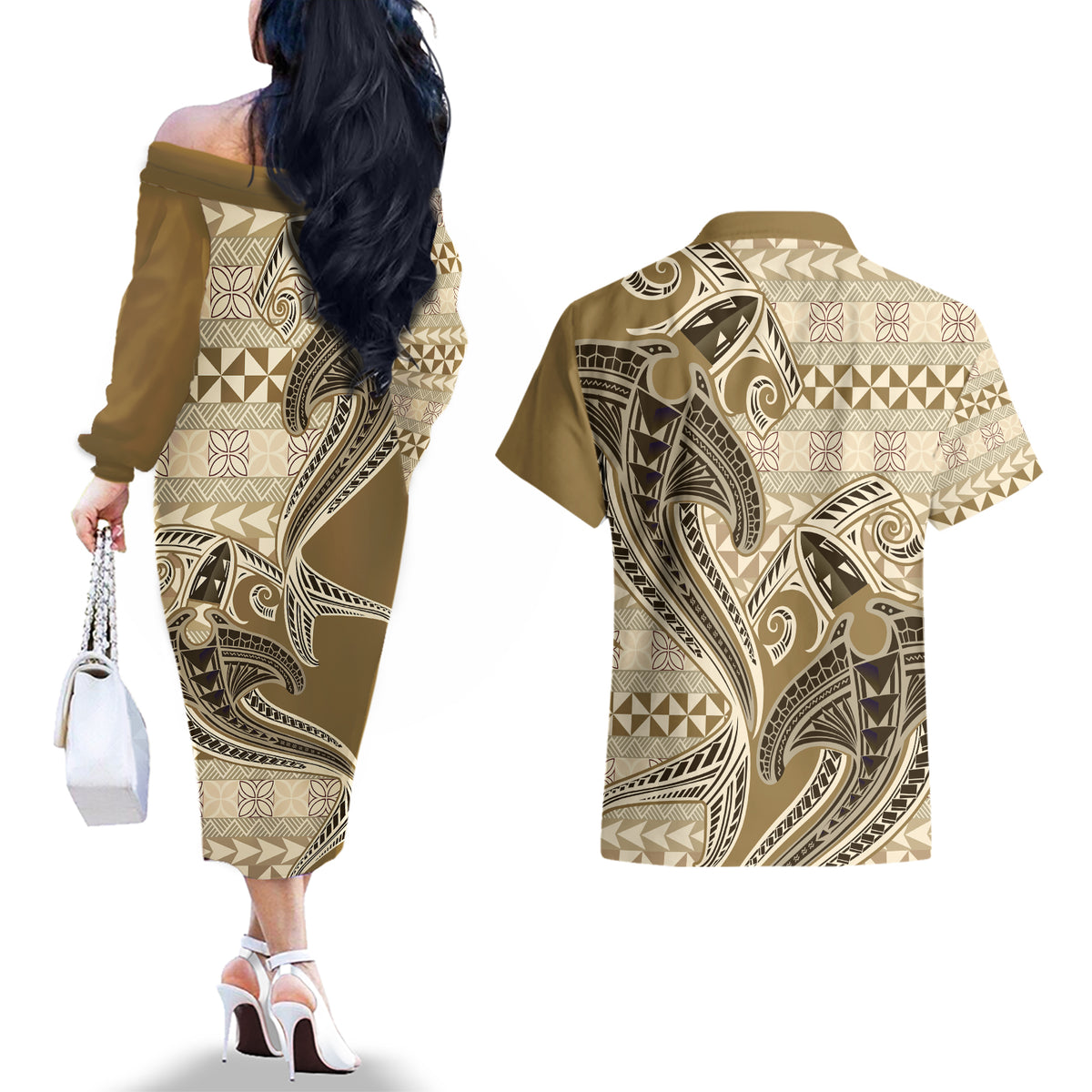 Vintage Hammerhead Shark Valentine Day Couples Matching Off The Shoulder Long Sleeve Dress and Hawaiian Shirt Pasifika Sataoa Pattern - Beige Tan LT9 - Polynesian Pride