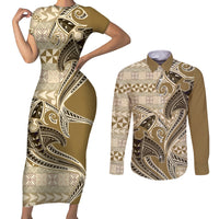 Vintage Hammerhead Shark Valentine Day Couples Matching Short Sleeve Bodycon Dress and Long Sleeve Button Shirt Pasifika Sataoa Pattern - Beige Tan LT9 Beige Tan - Polynesian Pride