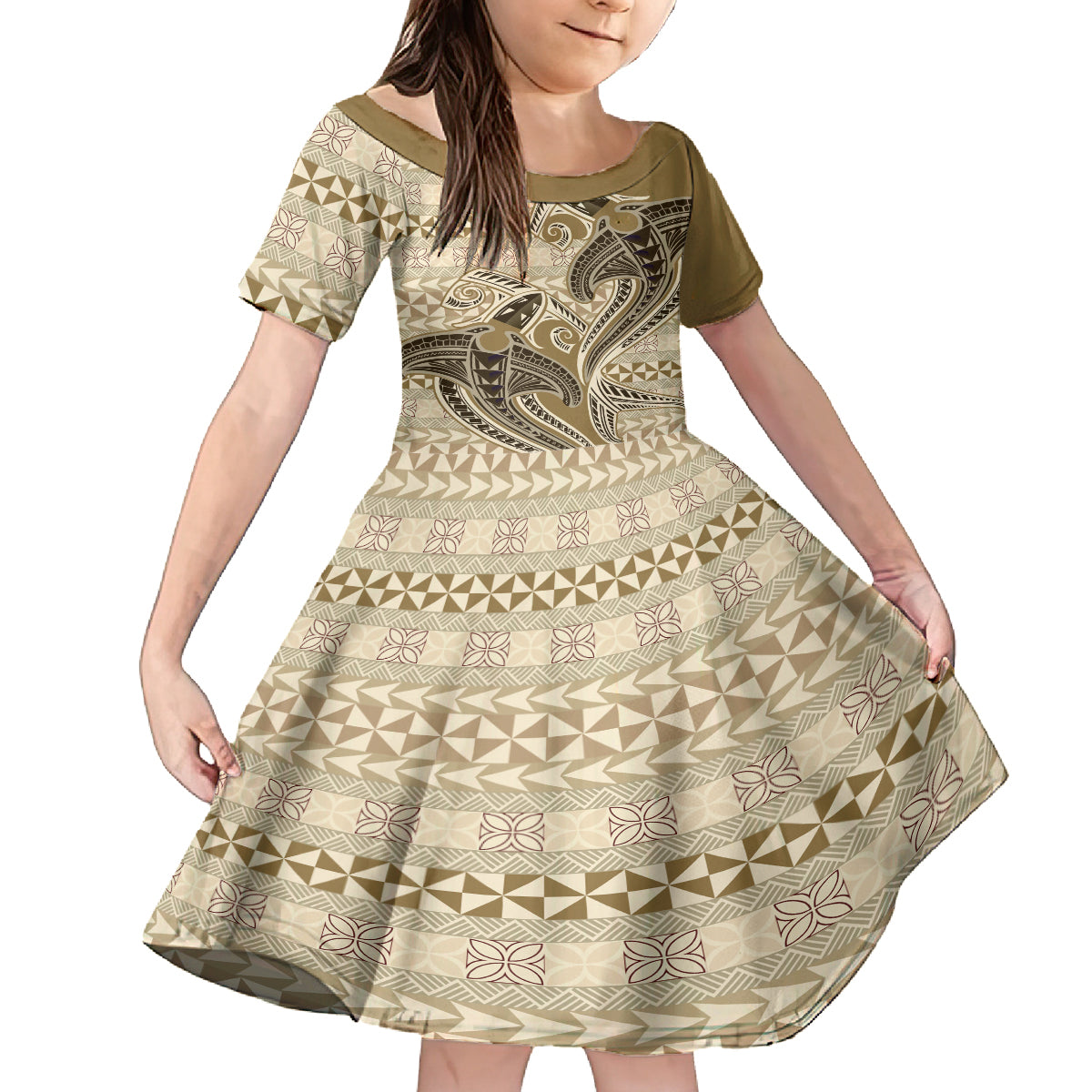 Vintage Hammerhead Shark Valentine Day Family Matching Long Sleeve Bodycon Dress and Hawaiian Shirt Pasifika Sataoa Pattern - Beige Tan LT9 Daughter's Dress Beige Tan - Polynesian Pride