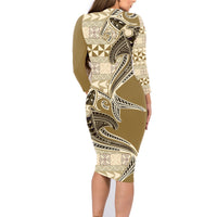 Vintage Hammerhead Shark Valentine Day Family Matching Long Sleeve Bodycon Dress and Hawaiian Shirt Pasifika Sataoa Pattern - Beige Tan LT9 - Polynesian Pride