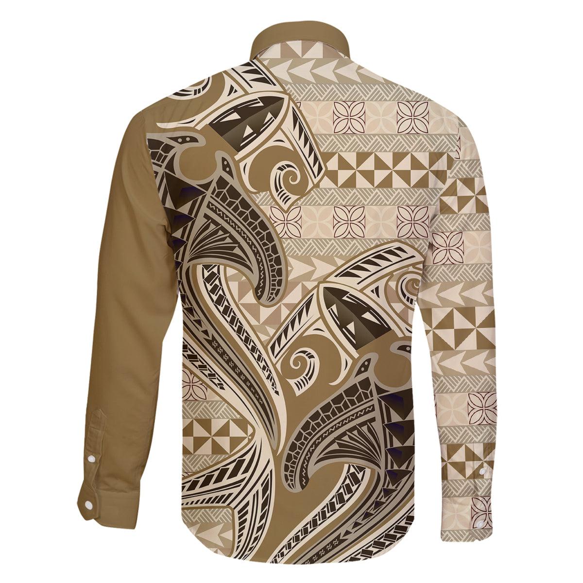 Vintage Hammerhead Shark Valentine Day Family Matching Off Shoulder Long Sleeve Dress and Hawaiian Shirt Pasifika Sataoa Pattern - Beige Tan LT9 - Polynesian Pride