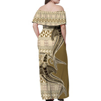 Vintage Hammerhead Shark Valentine Day Family Matching Off Shoulder Maxi Dress and Hawaiian Shirt Pasifika Sataoa Pattern - Beige Tan LT9 - Polynesian Pride