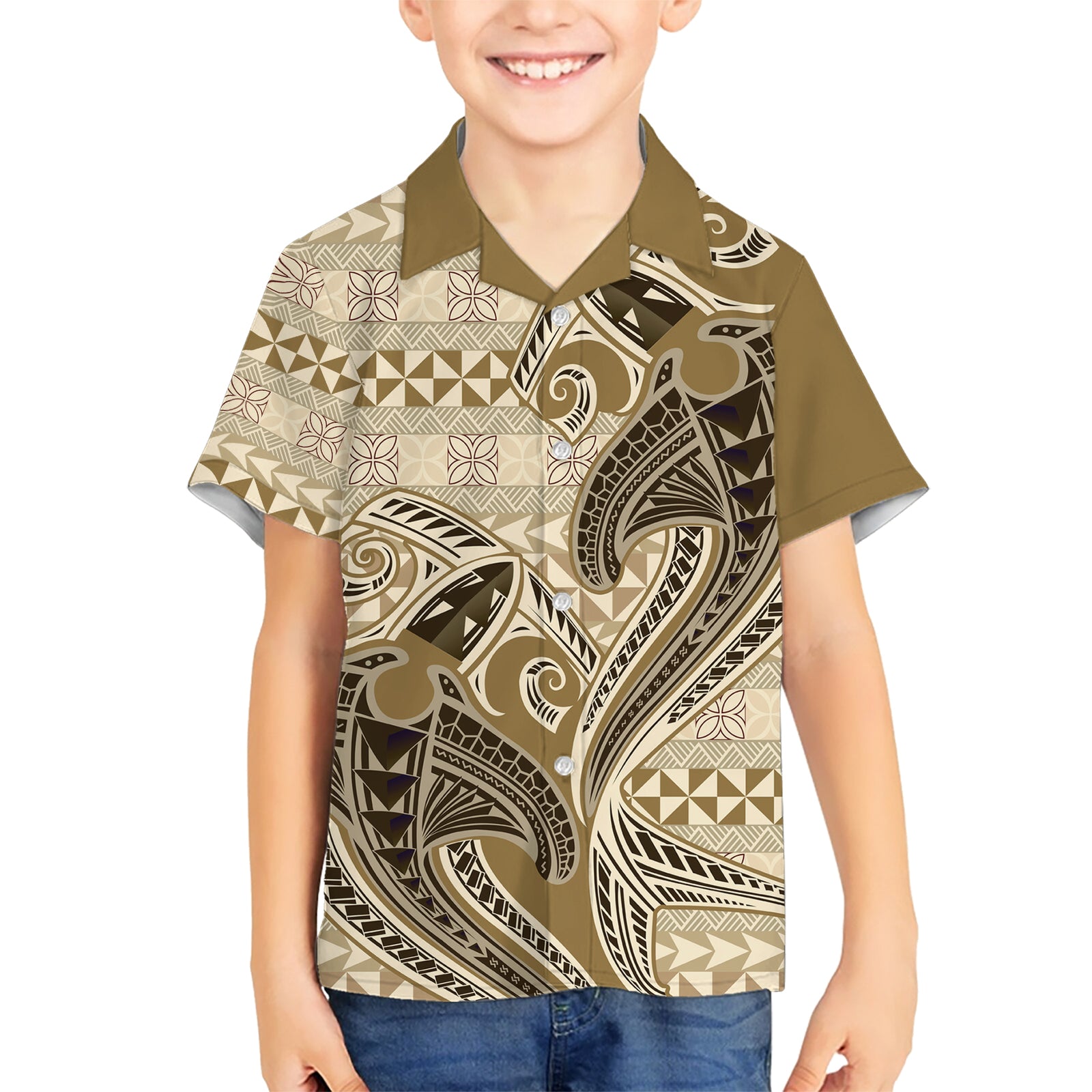 Vintage Hammerhead Shark Valentine Day Kid Hawaiian Shirt Pasifika Sataoa Pattern - Beige Tan LT9 Kid Beige Tan - Polynesian Pride