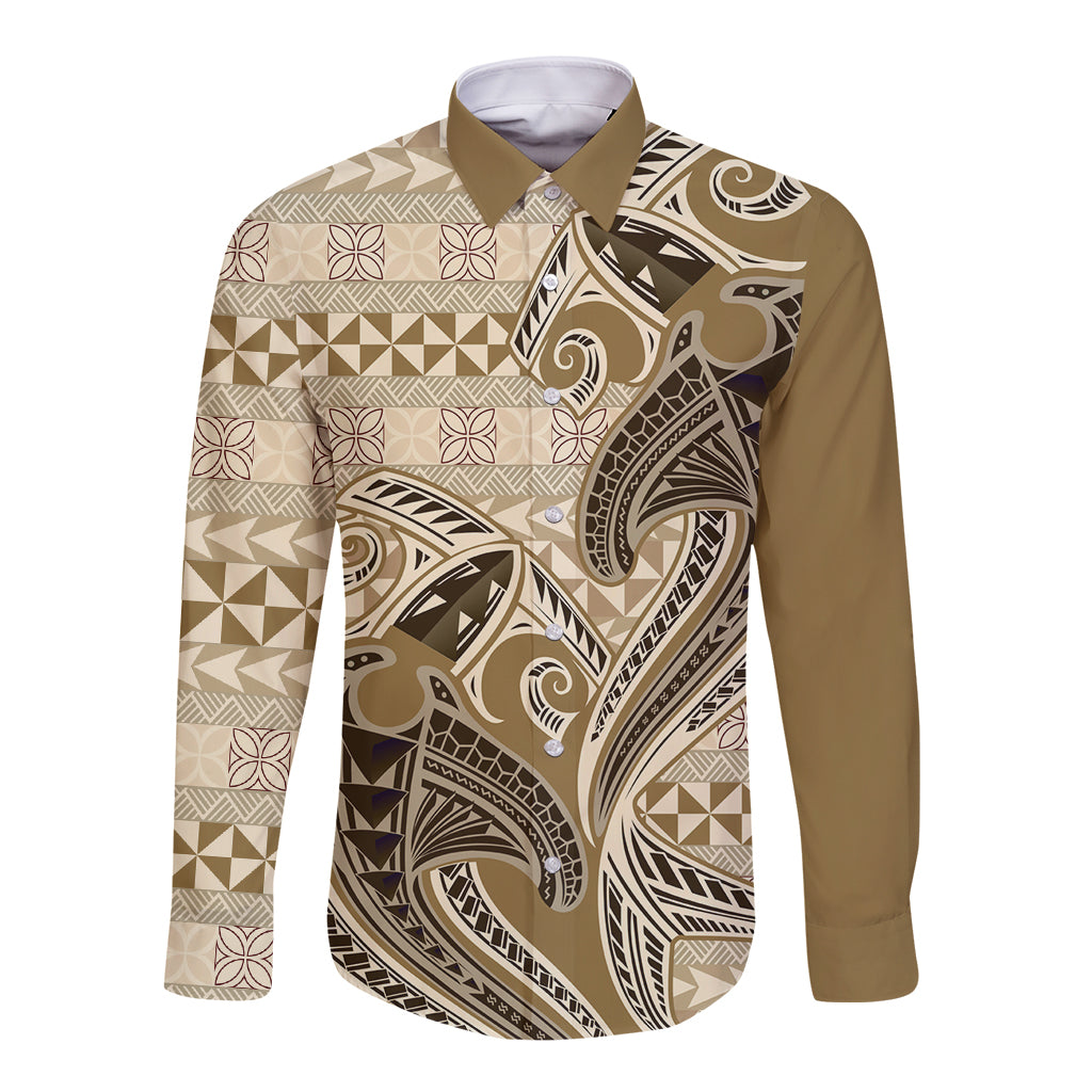 Vintage Hammerhead Shark Valentine Day Long Sleeve Button Shirt Pasifika Sataoa Pattern - Beige Tan LT9 Unisex Beige Tan - Polynesian Pride