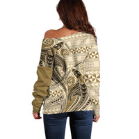Vintage Hammerhead Shark Valentine Day Off Shoulder Sweater Pasifika Sataoa Pattern - Beige Tan LT9 - Polynesian Pride