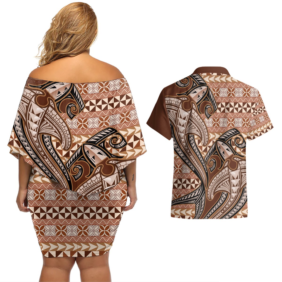 Vintage Hammerhead Shark Valentine Day Couples Matching Off Shoulder Short Dress and Hawaiian Shirt Pasifika Sataoa Pattern - Brown Beige Tan LT9 - Polynesian Pride