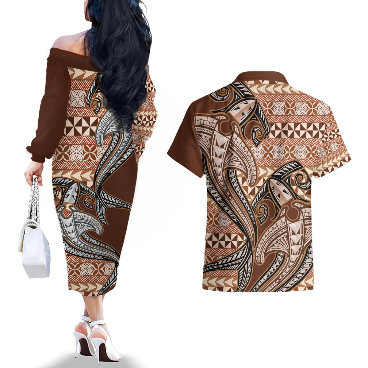 Vintage Hammerhead Shark Valentine Day Couples Matching Off The Shoulder Long Sleeve Dress and Hawaiian Shirt Pasifika Sataoa Pattern - Brown Beige Tan LT9 - Polynesian Pride