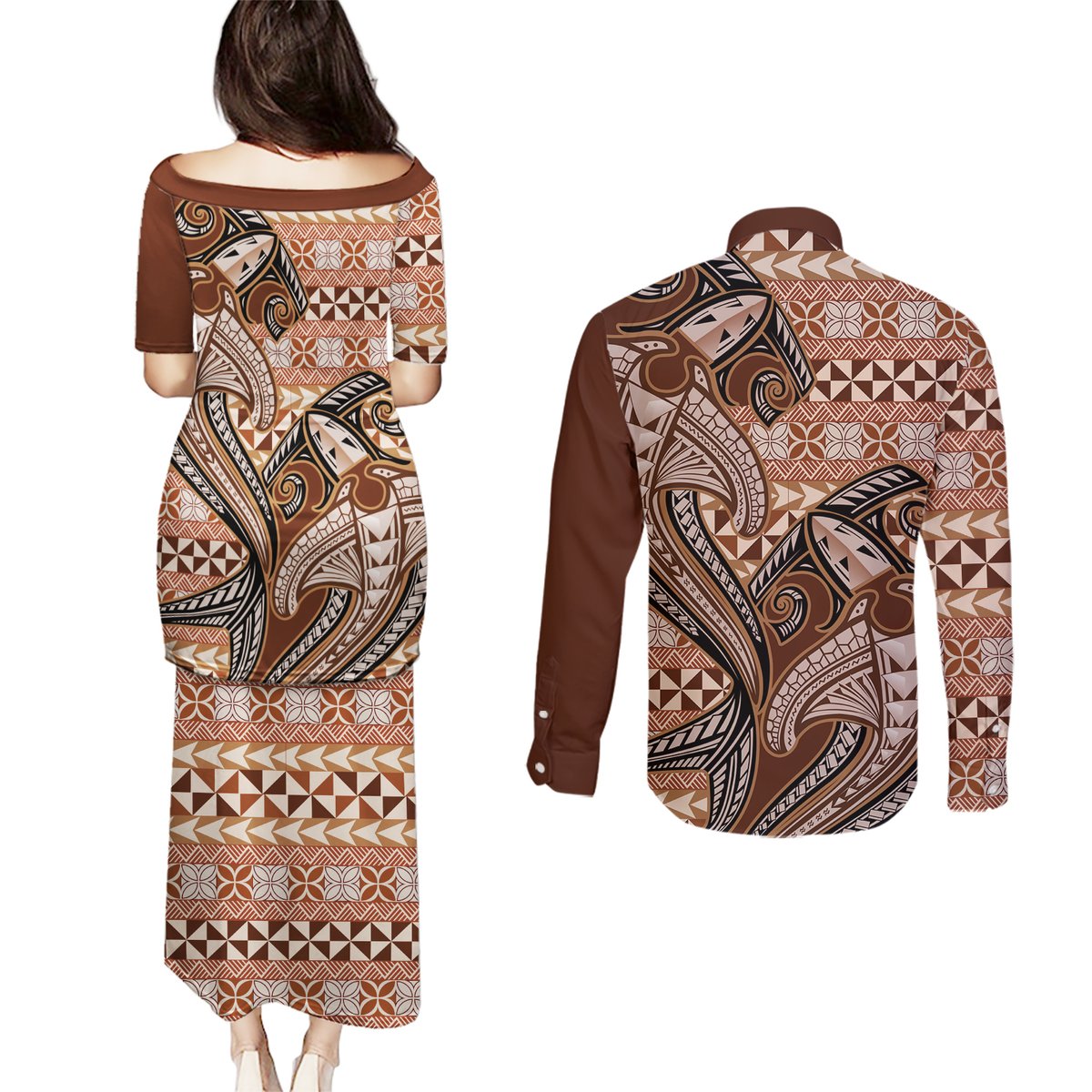 Vintage Hammerhead Shark Valentine Day Couples Matching Puletasi and Long Sleeve Button Shirt Pasifika Sataoa Pattern - Brown Beige Tan LT9 - Polynesian Pride