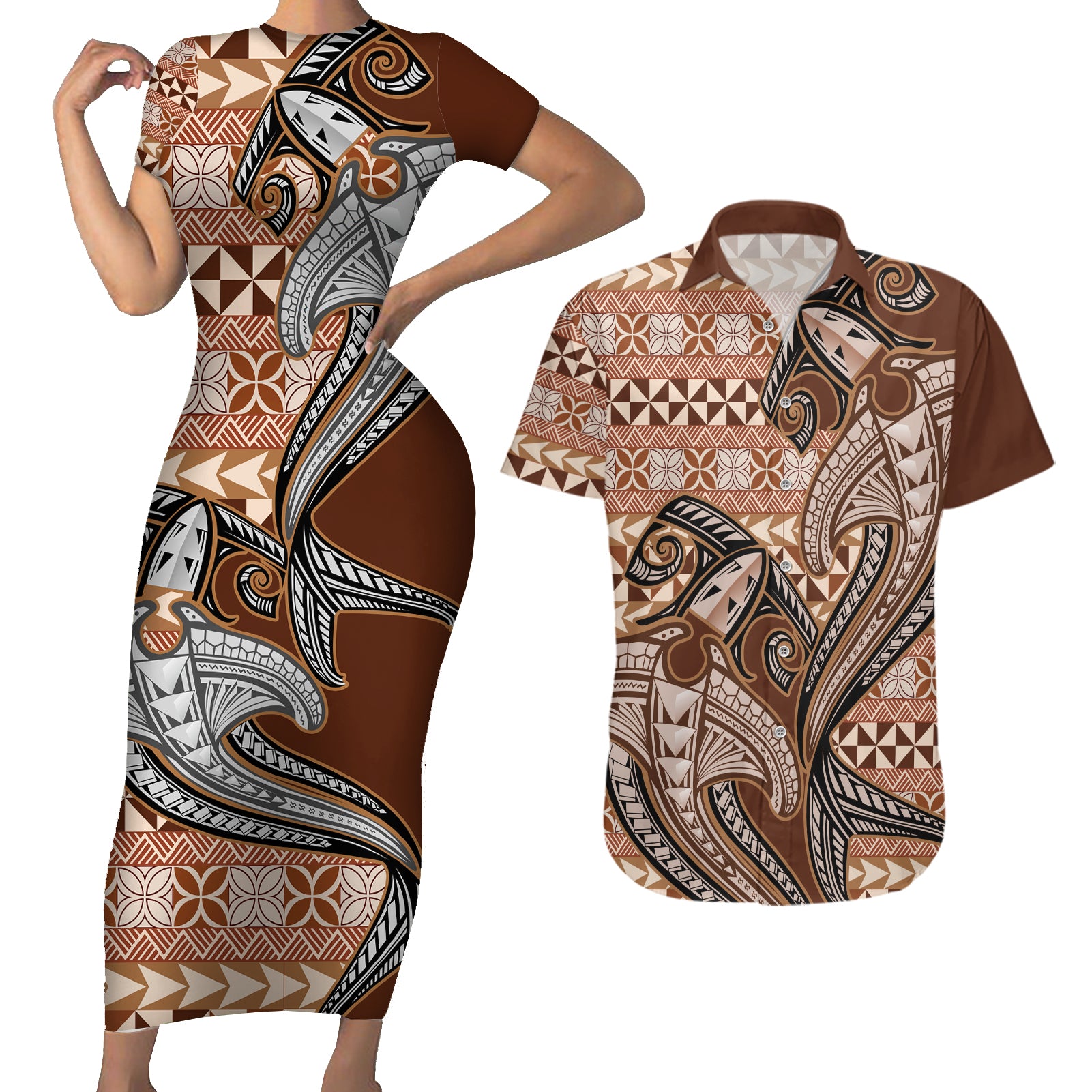 Vintage Hammerhead Shark Valentine Day Couples Matching Short Sleeve Bodycon Dress and Hawaiian Shirt Pasifika Sataoa Pattern - Brown Beige Tan LT9 Brown - Polynesian Pride