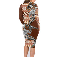 Vintage Hammerhead Shark Valentine Day Family Matching Long Sleeve Bodycon Dress and Hawaiian Shirt Pasifika Sataoa Pattern - Brown Beige Tan LT9 - Polynesian Pride