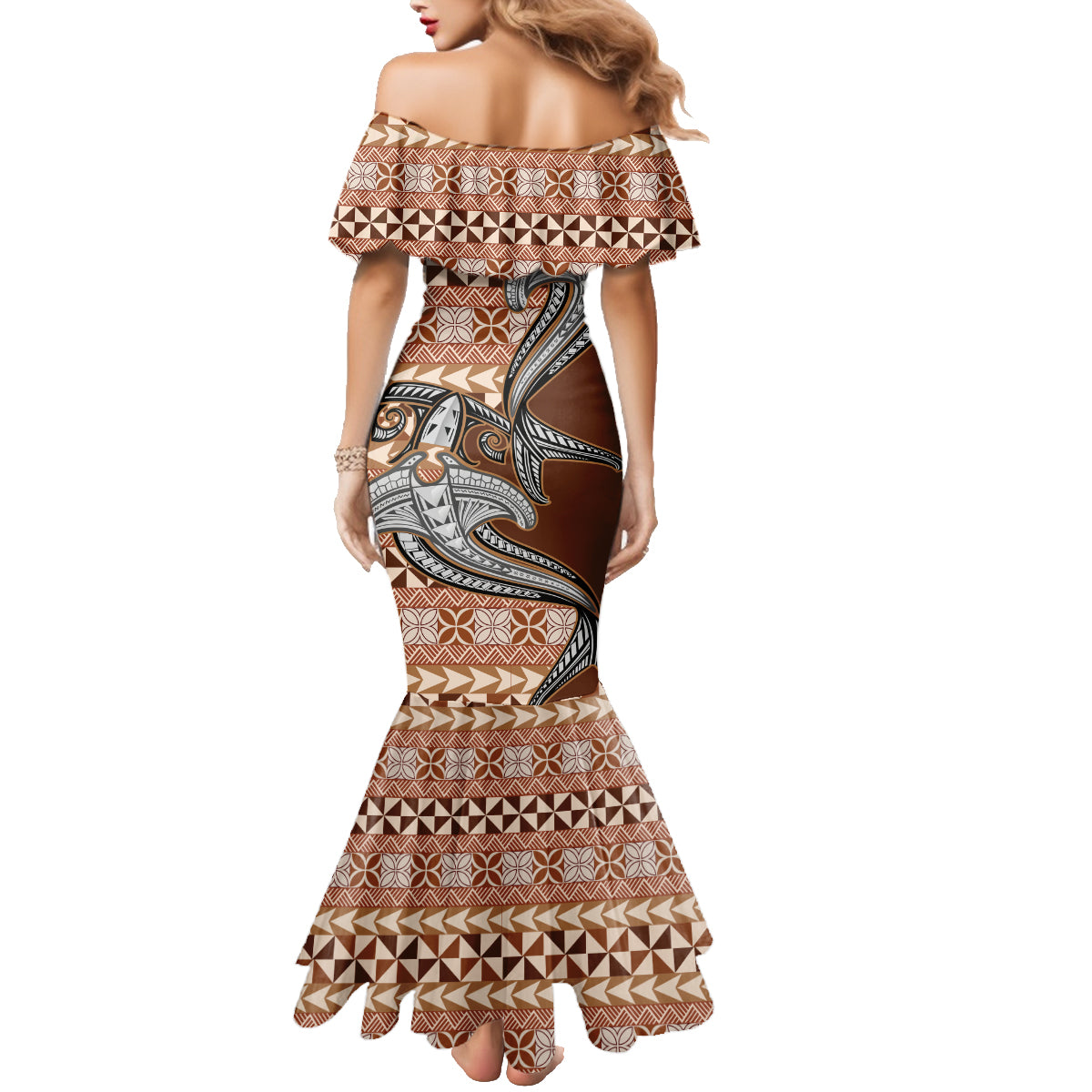 Vintage Hammerhead Shark Valentine Day Family Matching Mermaid Dress and Hawaiian Shirt Pasifika Sataoa Pattern - Brown Beige Tan LT9 - Polynesian Pride