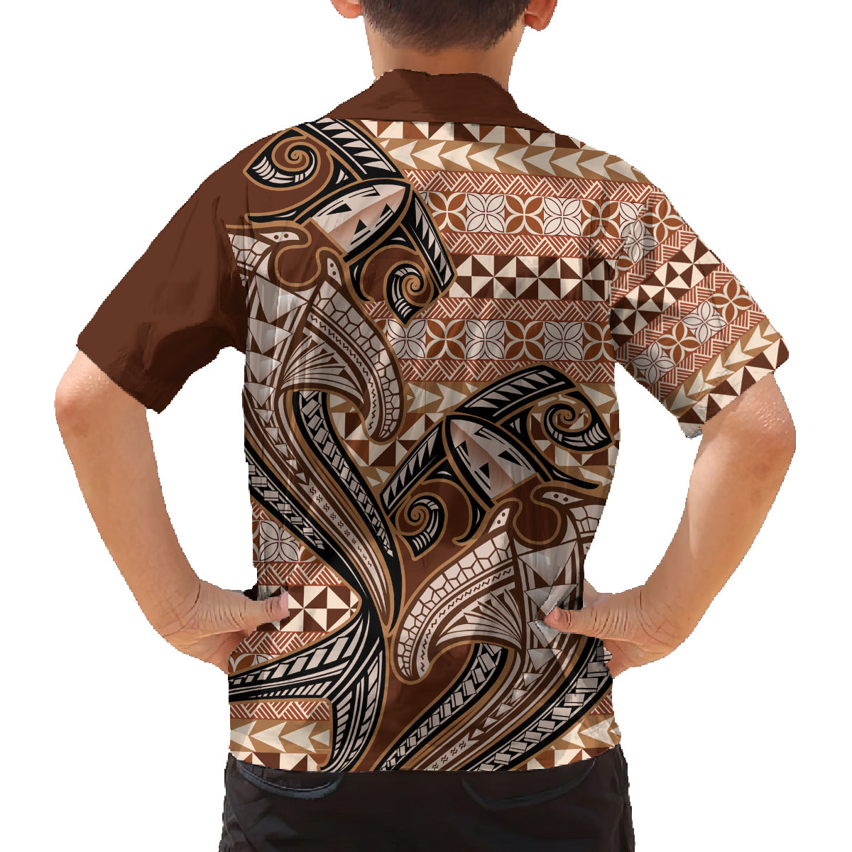 Vintage Hammerhead Shark Valentine Day Family Matching Summer Maxi Dress and Hawaiian Shirt Pasifika Sataoa Pattern - Brown Beige Tan LT9 - Polynesian Pride
