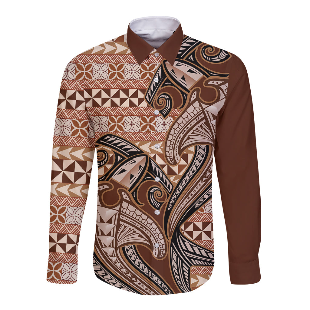 Vintage Hammerhead Shark Valentine Day Long Sleeve Button Shirt Pasifika Sataoa Pattern - Brown Beige Tan LT9 Unisex Brown - Polynesian Pride