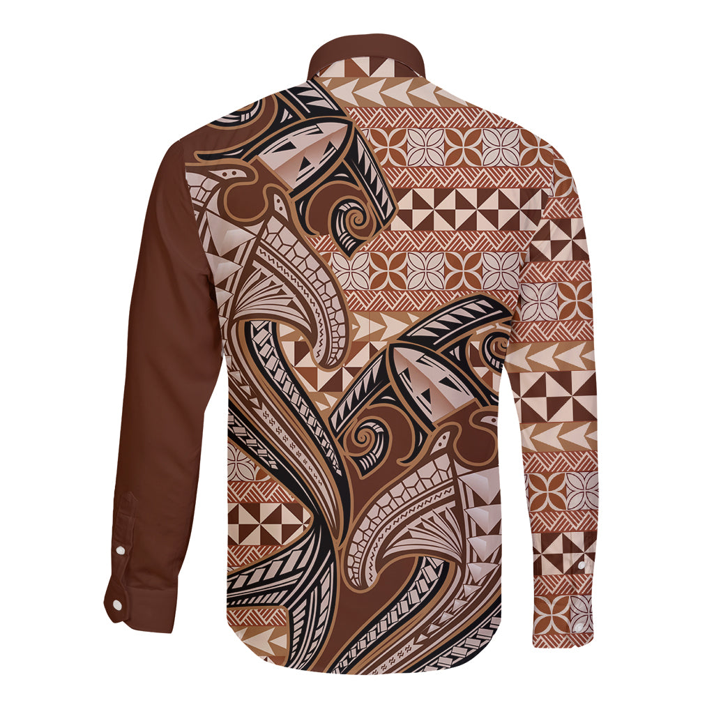 Vintage Hammerhead Shark Valentine Day Long Sleeve Button Shirt Pasifika Sataoa Pattern - Brown Beige Tan LT9 - Polynesian Pride