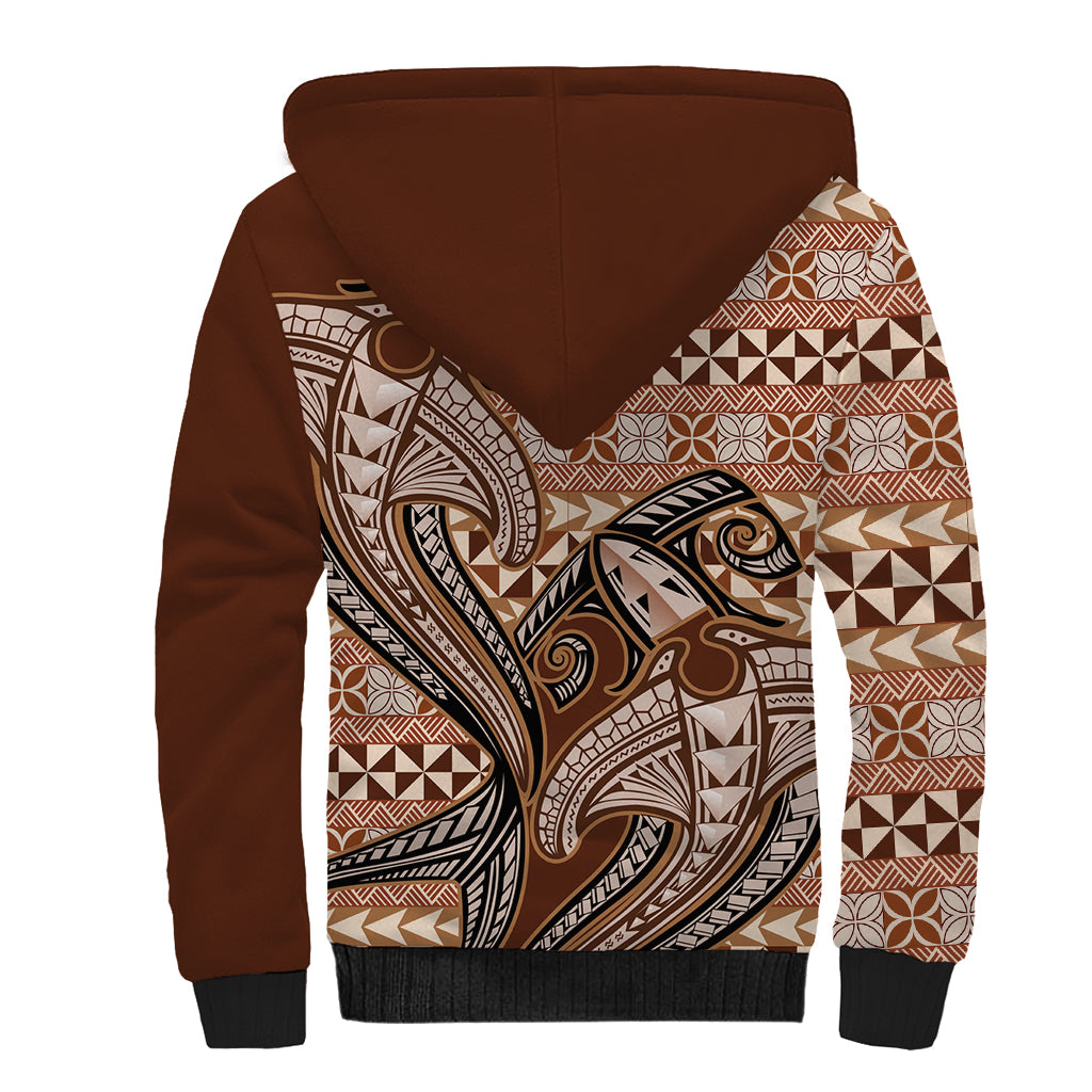 Vintage Hammerhead Shark Valentine Day Sherpa Hoodie Pasifika Sataoa Pattern - Brown Beige Tan LT9 - Polynesian Pride