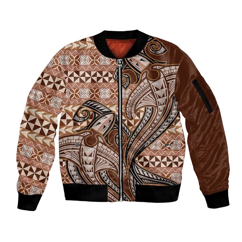 Vintage Hammerhead Shark Valentine Day Sleeve Zip Bomber Jacket Pasifika Sataoa Pattern - Brown Beige Tan LT9 Unisex Brown - Polynesian Pride