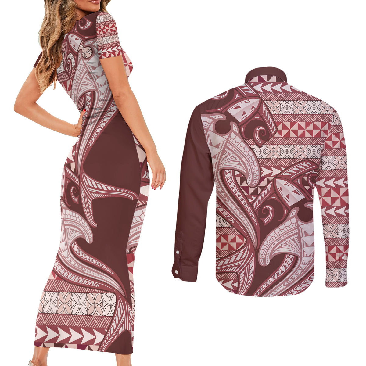 Vintage Hammerhead Shark Valentine Day Couples Matching Short Sleeve Bodycon Dress and Long Sleeve Button Shirt Pasifika Sataoa Pattern - Cherry LT9 - Polynesian Pride