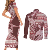 Vintage Hammerhead Shark Valentine Day Couples Matching Short Sleeve Bodycon Dress and Long Sleeve Button Shirt Pasifika Sataoa Pattern - Cherry LT9 - Polynesian Pride