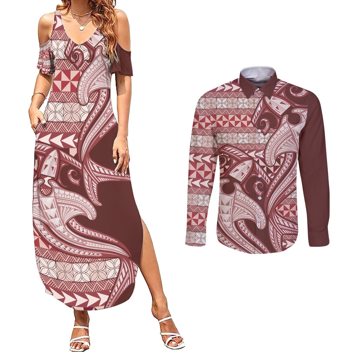 Vintage Hammerhead Shark Valentine Day Couples Matching Summer Maxi Dress and Long Sleeve Button Shirt Pasifika Sataoa Pattern - Cherry LT9 Cherry - Polynesian Pride
