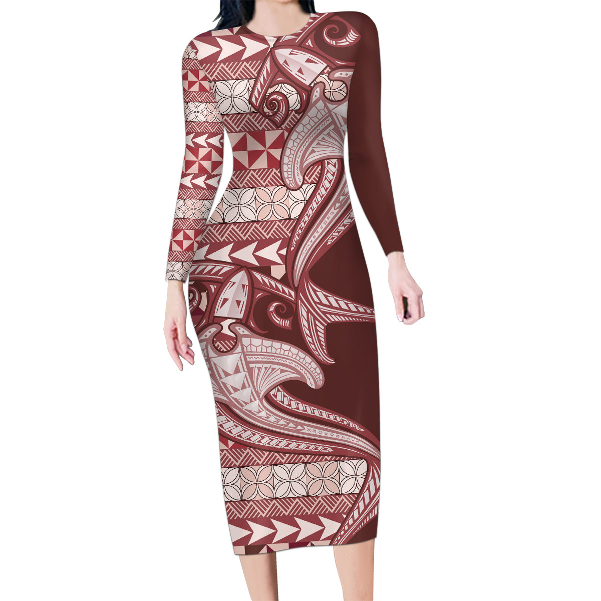 Vintage Hammerhead Shark Valentine Day Family Matching Long Sleeve Bodycon Dress and Hawaiian Shirt Pasifika Sataoa Pattern - Cherry LT9 Mom's Dress Cherry - Polynesian Pride