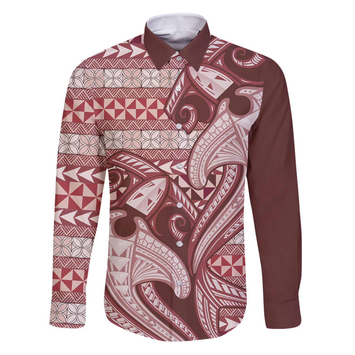 Vintage Hammerhead Shark Valentine Day Family Matching Puletasi and Hawaiian Shirt Pasifika Sataoa Pattern - Cherry LT9 Dad's Shirt - Long Sleeve Cherry - Polynesian Pride