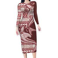 Vintage Hammerhead Shark Valentine Day Long Sleeve Bodycon Dress Pasifika Sataoa Pattern - Cherry LT9 Long Dress Cherry - Polynesian Pride