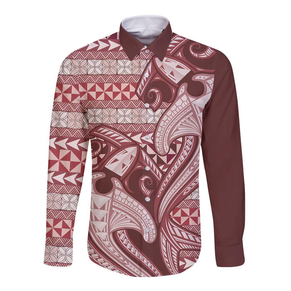 Vintage Hammerhead Shark Valentine Day Long Sleeve Button Shirt Pasifika Sataoa Pattern - Cherry LT9 Unisex Cherry - Polynesian Pride