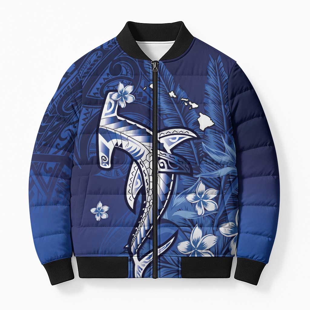 Personalized Hawaiian Maori Hammerhead Shark Bomber Puffer Jacket Polu Plumeria - Polynesian Pride