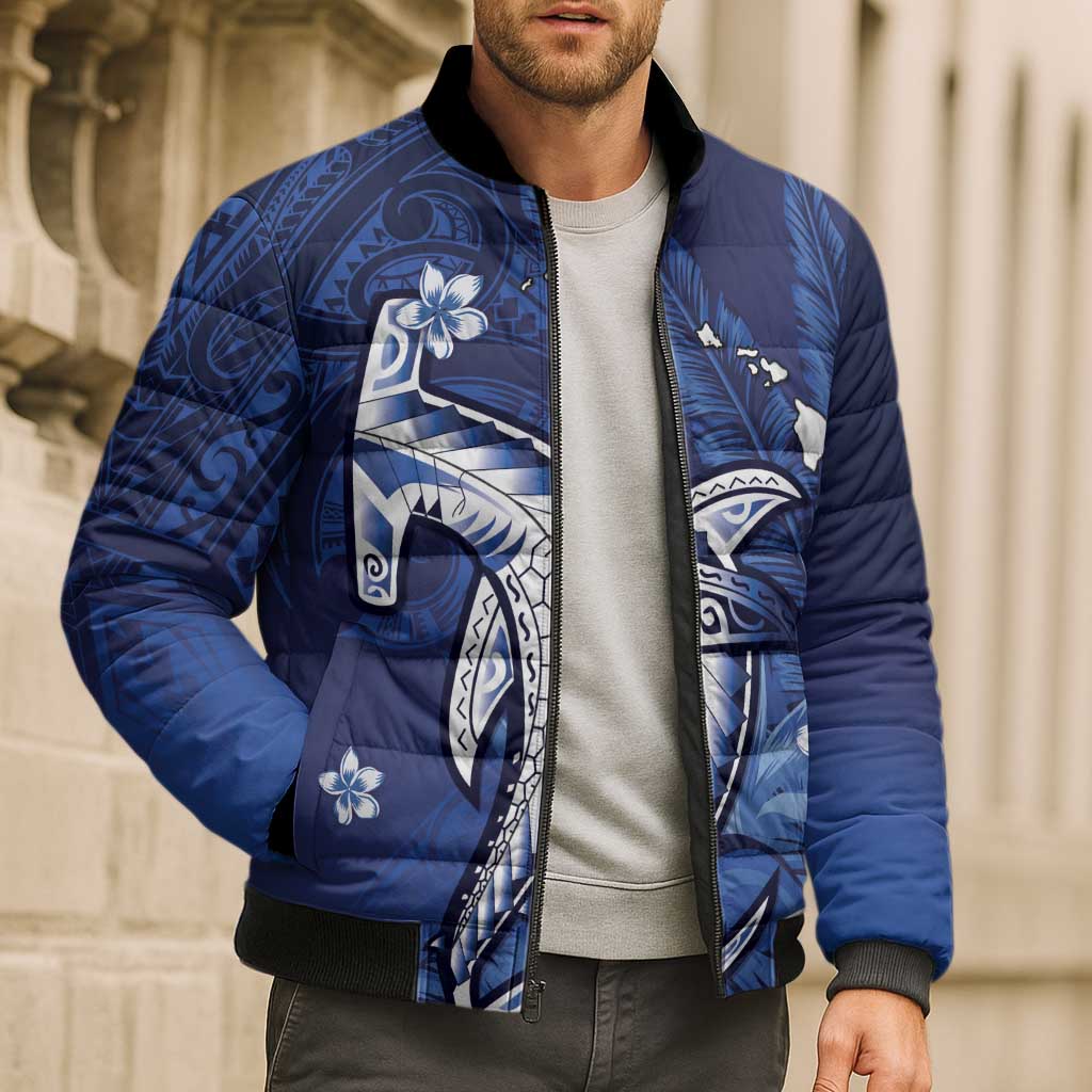 Personalized Hawaiian Maori Hammerhead Shark Bomber Puffer Jacket Polu Plumeria - Polynesian Pride