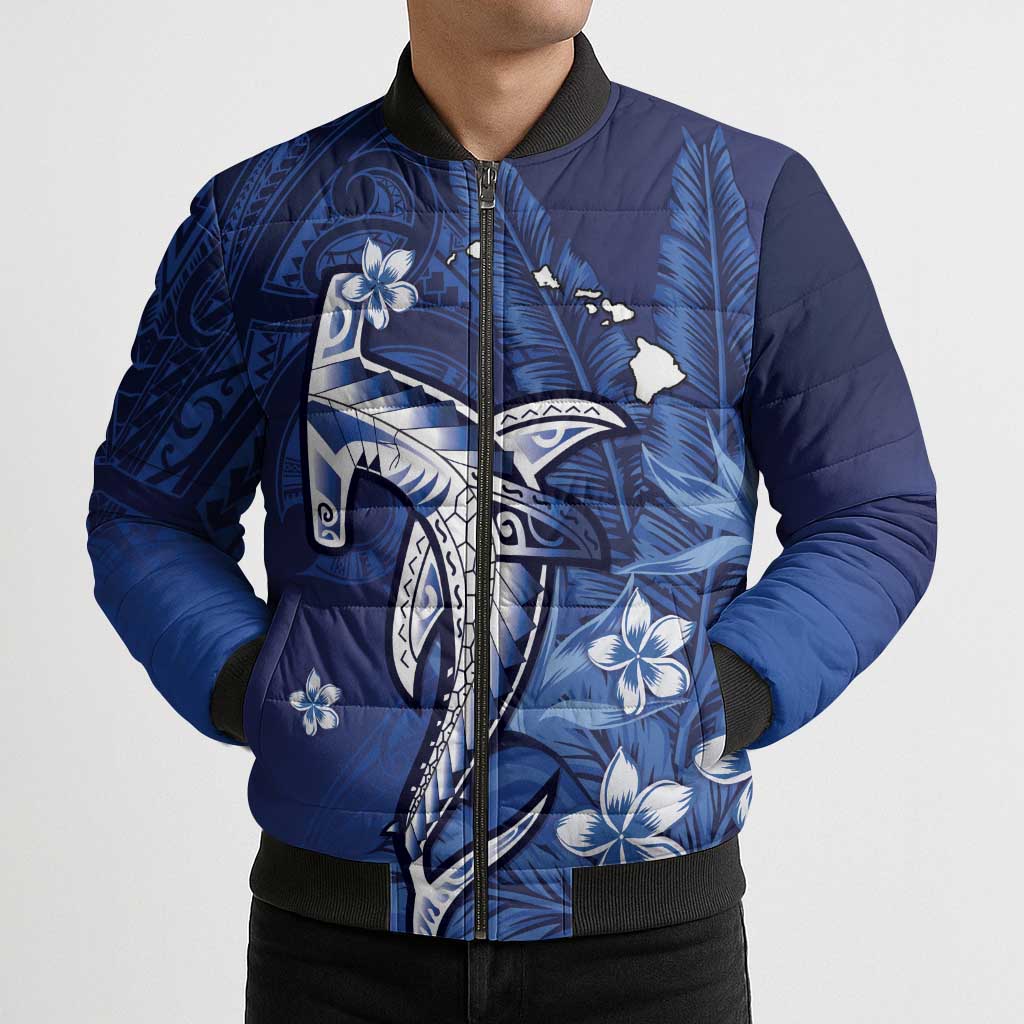 Personalized Hawaiian Maori Hammerhead Shark Bomber Puffer Jacket Polu Plumeria - Polynesian Pride