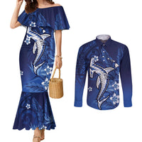 Personalized Hawaiian Maori Hammerhead Shark Couples Matching Mermaid Dress and Long Sleeve Button Shirt Polu Plumeria LT9 Blue - Polynesian Pride