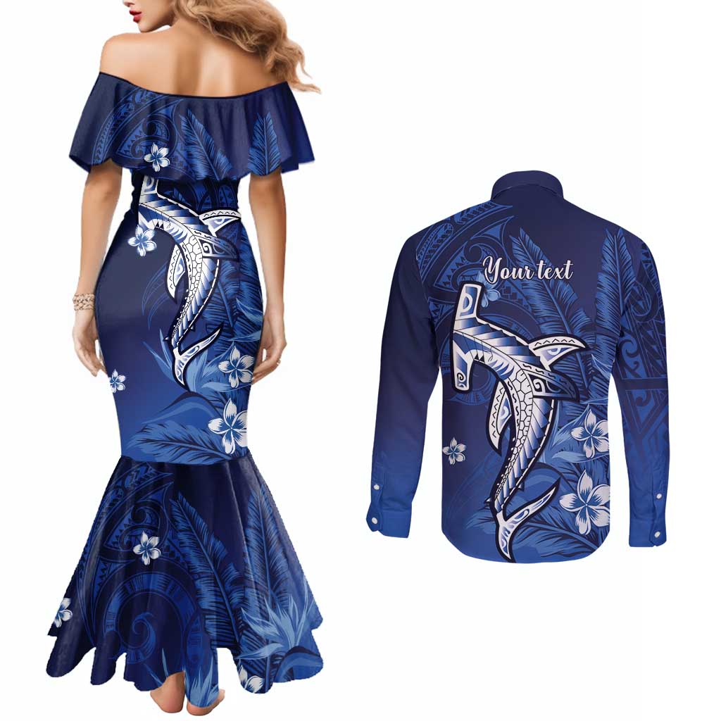 Personalized Hawaiian Maori Hammerhead Shark Couples Matching Mermaid Dress and Long Sleeve Button Shirt Polu Plumeria LT9 - Polynesian Pride