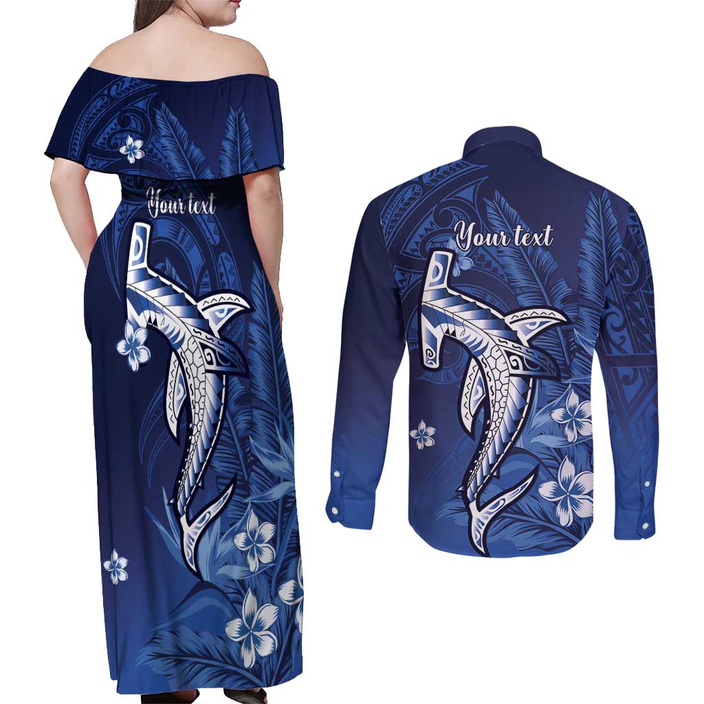 Personalized Hawaiian Maori Hammerhead Shark Couples Matching Off Shoulder Maxi Dress and Long Sleeve Button Shirt Polu Plumeria LT9 - Polynesian Pride