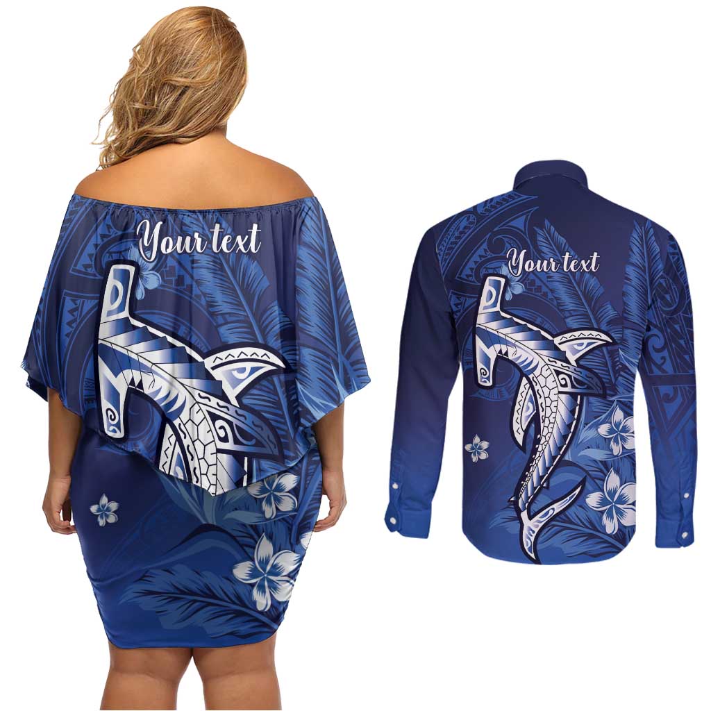 Personalized Hawaiian Maori Hammerhead Shark Couples Matching Off Shoulder Short Dress and Long Sleeve Button Shirt Polu Plumeria LT9 - Polynesian Pride