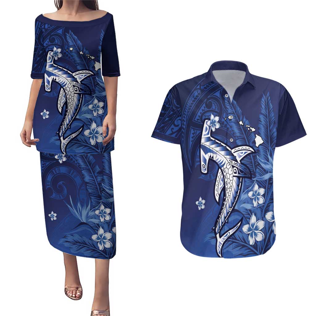 Personalized Hawaiian Maori Hammerhead Shark Couples Matching Puletasi and Hawaiian Shirt Polu Plumeria - Polynesian Pride